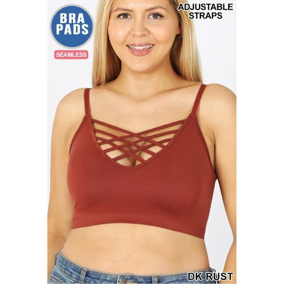 1X/2X Dark Rust Front V Lattice Bralette + bra padding adjustable straps Zenana - Picture 1 of 14